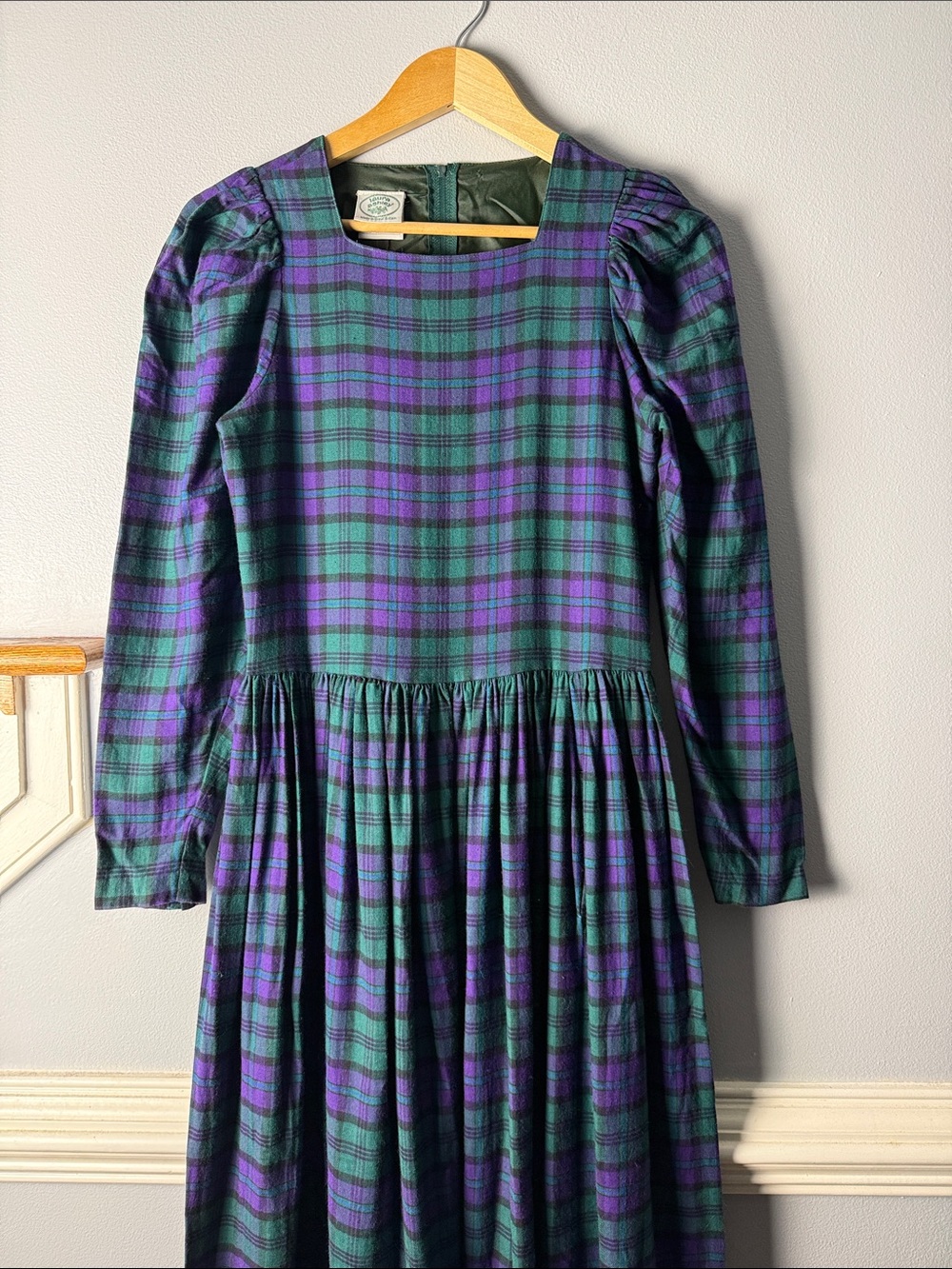 Vintage Laura Ashley Green & Purple Plaid Long-Sleeve Maxi Dress. Early 80s - Picture 2 of 10